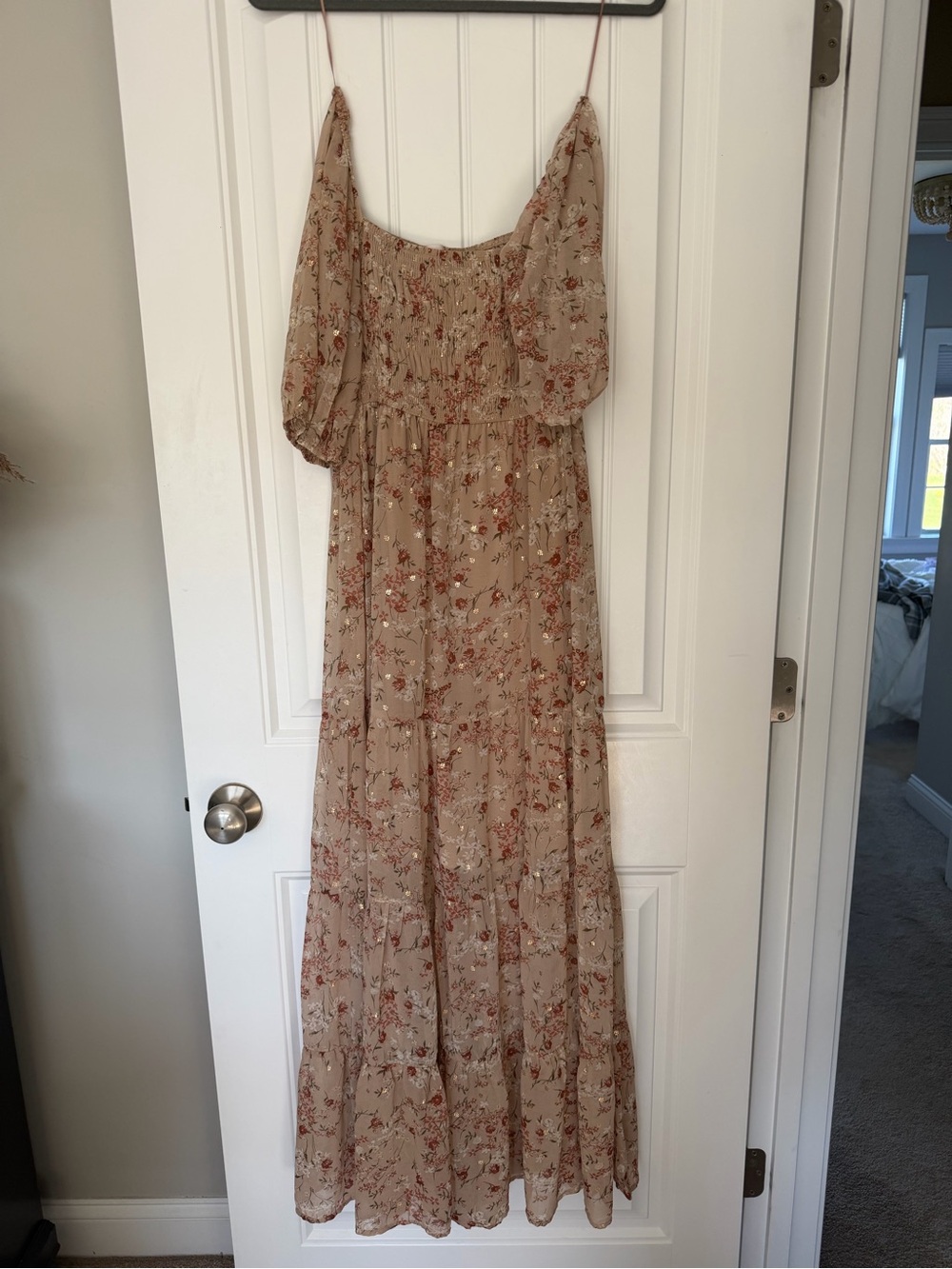 Francesca's Collections Beige Floral Maxi Dress with Rust Accents